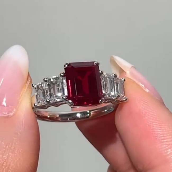 Ruby Radiant Cut Sterling Silver Wedding Rings