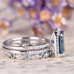 Sapphire Emerald Cut Sterling Silver Wedding Sets