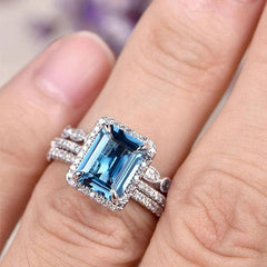 Sapphire Emerald Cut Sterling Silver Wedding Sets