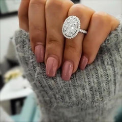 Double Halo Oval Cut Sterling Silver Wedding Rings