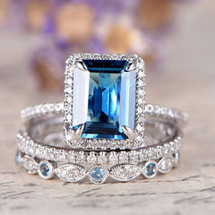 Sapphire Emerald Cut Sterling Silver Wedding Sets
