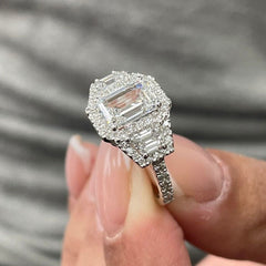 Three-Stone Sterling Silver Emerald Cut Engagement Rings