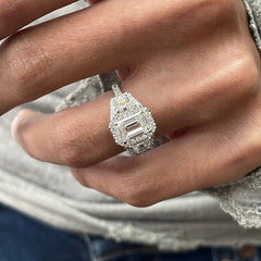 Three-Stone Sterling Silver Emerald Cut Engagement Rings