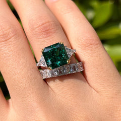 Emerald Radiant Cut Three Stone Sterling Silver Wedding Rings