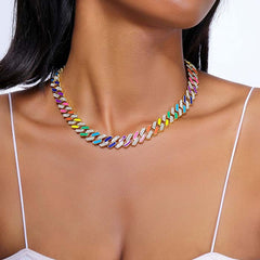 Women's 11mm Silver Cuban Chain Partially Iced with Multi-Color Crystals