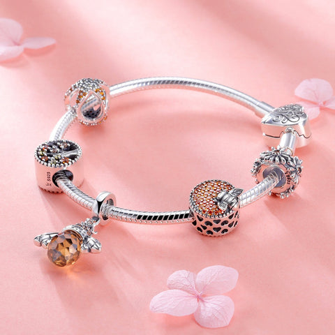 Bee and Flower 925 Sterling Silver Beads Bracelet - jolics