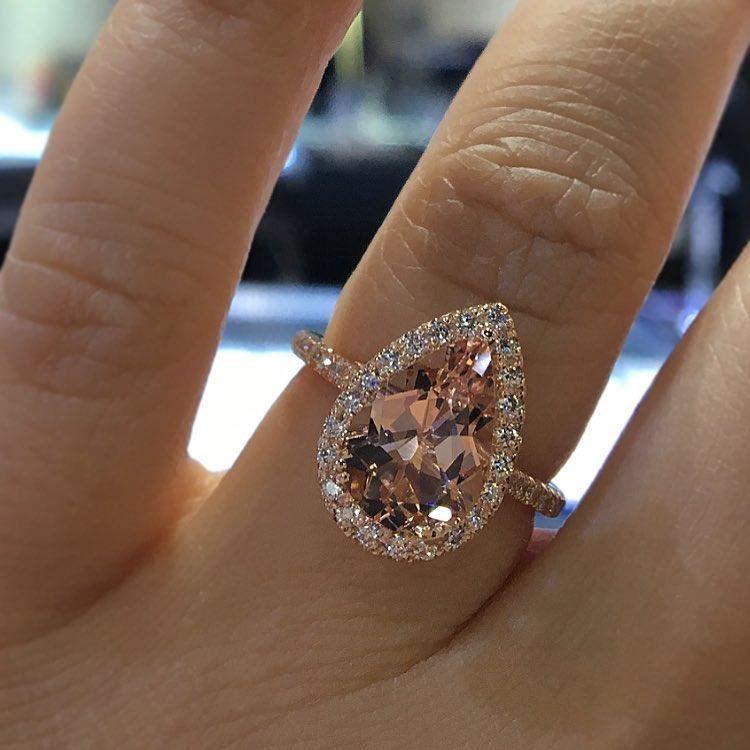 Pink Diamond Pear Cut Rose Gold Halo Engagement Rings