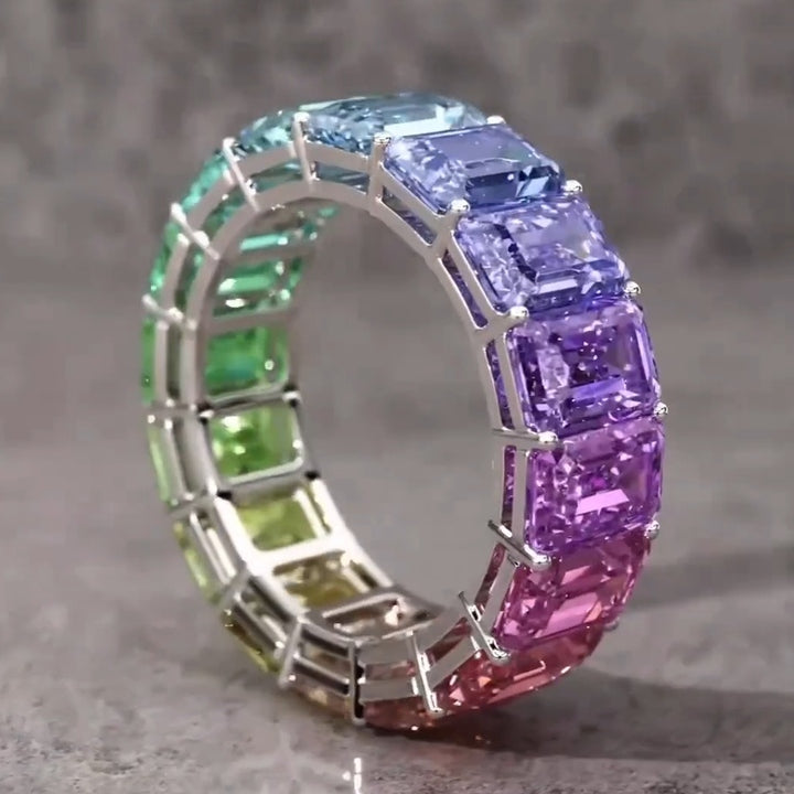 Radiant Cut Gradient Rainbow Colors Silver Wedding Bands