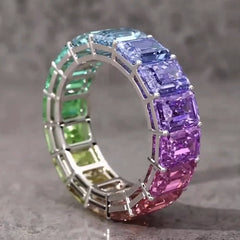 Radiant Cut Gradient Rainbow Colors Silver Wedding Bands