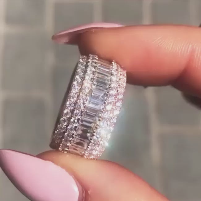 Handmade Retro Baguette Cut Sterling Silver Wedding Bands