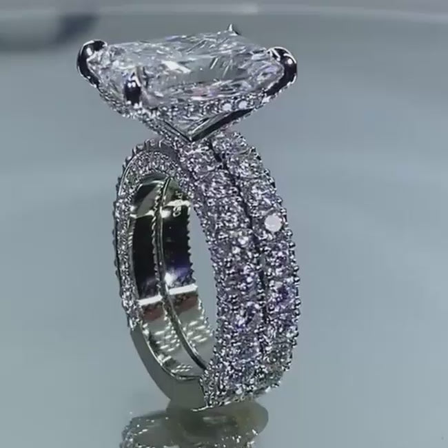 radiant cut wedding set with french pave silver band