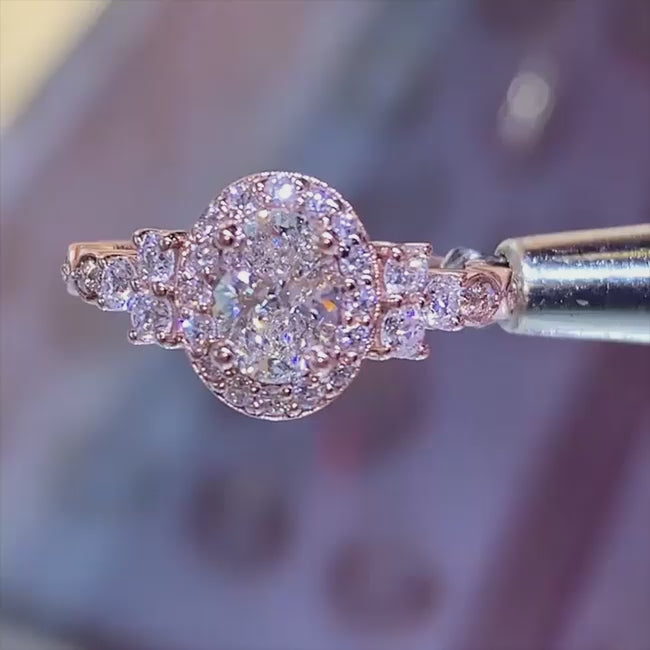 Rhodium plated oval halo ring tarnish proof